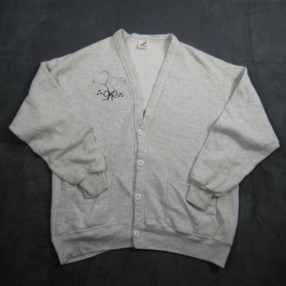 Jerzees Sweatshirt Cardigan Women One Size Gray Vintage Heart Graphic 00765